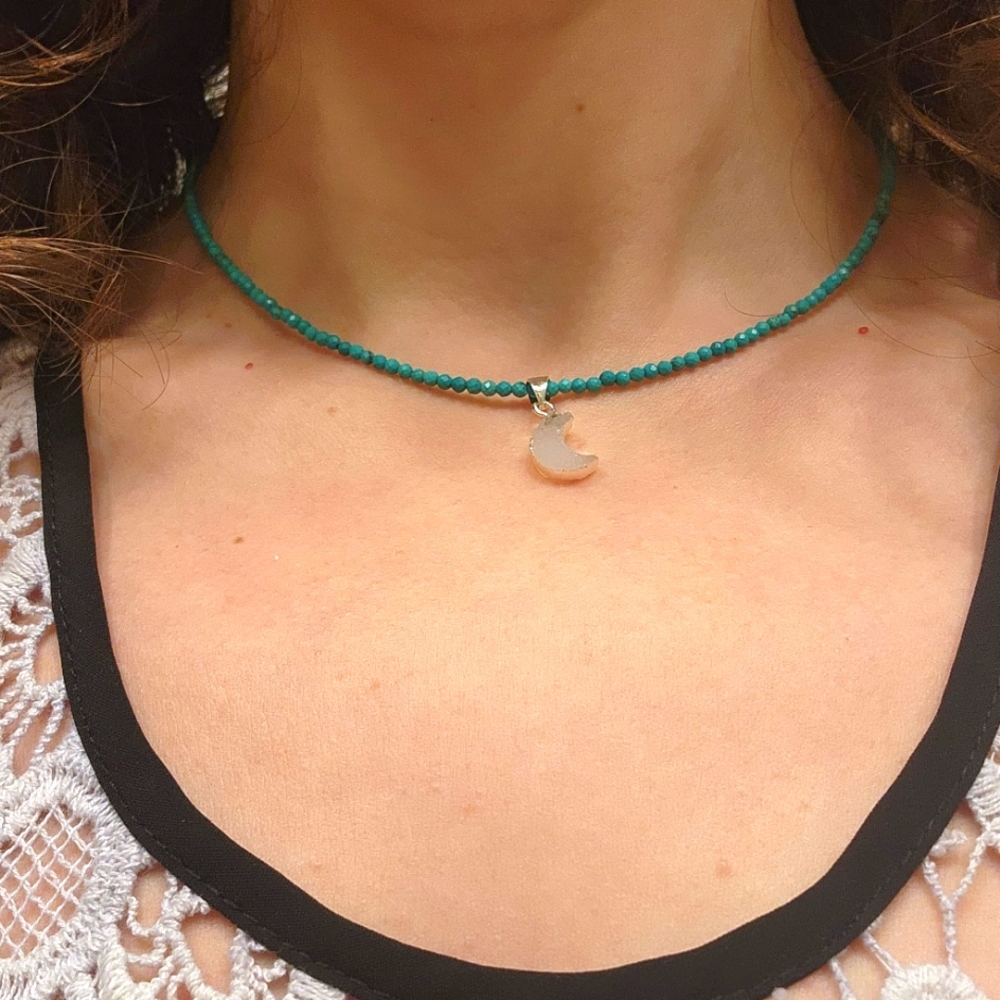 Moon Druzy Choker With Genuine Faceted Turquoise Beads 🌜💙🌛